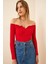 Büzgülü Yaka Crop Örme Bluz Gt LAH0002 Kırmızı 3