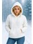 Peluş Kapüşonlu Kanguru Cepli Kadın Sweatshirt Beyaz 3