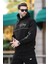 Siyah Kapüşonlu Şerit Detaylı Baskılı Erkek Sweatshirt 7091 3