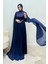 Nual Pelerinli Taş Işlemeli Tesettür Abiye- Lacivert 3