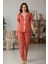 Kadın Turuncu Kalp Desenli Fiyonklu Kısa Kollu Uzun Pijama Takımı 3