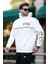Ekru Kapüşonlu Şerit Detaylı Baskılı Erkek Sweatshirt 7091 2