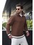 Kahverengi Fermuarlı Dik Yaka Kanguru Cep Erkek Sweatshirt E7159 2