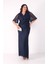 Kadın Lacivert V Yaka Kısa Kol Boncuk Işlemeli Büyük Beden Abiye Elbise 1