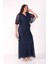 Kadın Lacivert V Yaka Kısa Kol Boncuk Işlemeli Büyük Beden Abiye Elbise 2