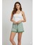 Çizgili Penye Kadın Ev Şortu Bacak Dantel Detaylı Ev Giyim Yeşil 2