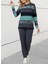 Kadın Uzun Kollu Bisiklet Yaka Çizgili Desen Iki Iplik Bluz ve Pantolon Ikili Takım 1