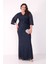 Kadın Lacivert V Yaka Boncuklu Büyük Beden Abiye Elbise 1