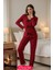Kadın Bordo Fiyonklu Iç Çamaşırı ve Uzun Kollu V Yaka Pijama Takımı 4'lü Set 1