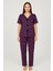 Kadın Mor Kalp Desenli Fiyonklu Kısa Kollu Uzun Pijama Takımı 2