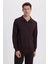 Erkek Relax Fit Rahat Kesim Polo V Yaka Kahverengi Sweatshirt 1