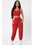 Kadın Kırmızı Kaşkorse Cepli Jogger Eşofman Altı ve Crop Top Bluz 5