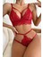 Kadın Kırmızı Cut-Out Büstiyerli Beli Çapraz Lastikli Külotlu Çamaşır Takımı 4