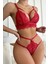 Kadın Kırmızı Cut-Out Büstiyerli Beli Çapraz Lastikli Külotlu Çamaşır Takımı 5