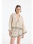 Pile Detaylı Etnik Desenli Bağlamalı Keten Kısa Kimono Naturel 1