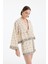 Pile Detaylı Etnik Desenli Bağlamalı Keten Kısa Kimono Naturel 4