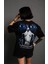 Unisex Bisiklet Yaka Baskılı Oversize T-Shirt - Siyah 4