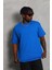 Unisex Oversize Düz Bisiklet Yaka T-Shirt - Mavi 2