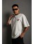 Unisex Bisiklet Yaka Baskılı Oversize T-Shirt - Beyaz 1