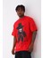 Unisex Oversize Baskılı Bisiklet Yaka T-Shirt - Kırmızı 2