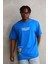 Unisex Bisiklet Yaka Baskılı Oversize T-Shirt - Mavi 1