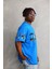 Unisex Bisiklet Yaka Baskılı Oversize T-Shirt - Mavi 4