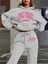 New York Brooklyn Pembe Baskılı Kadınlar Spor Seti, Polyester Casual Knit Kumaş, Bol Kapüşonlu 1