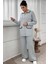 Kadın Düğmeli Çeket Pantolonlu Çoban Dikişli Triko Takım Ekru - Gri 2