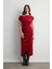 Asimetrik Omuzlu Kadife Uzun Elbise - Kırmızı 1