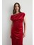 Asimetrik Omuzlu Kadife Uzun Elbise - Kırmızı 3