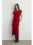 Asimetrik Omuzlu Kadife Uzun Elbise - Kırmızı 4