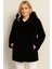 Kadın Kapüşonlu Peluş Siyah Mont | Astarlı – Cepli – Çıtçıt Kapamalı 4