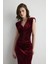 V Yakalı Uzun Kadife Abiye Elbise - Bordo 2