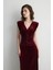 V Yakalı Uzun Kadife Abiye Elbise - Bordo 4