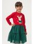 Kız Çocuk Pamuklu Kırmızı Geyik Desenli Sweatshirt ve Yeşil Tül Etek Takımı - Yılbaşı Konseptli 5