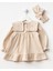Kız Çocuk Pamuklu Bej Kalp Nakışlı Fırfırlı Elbise ve Saç Bandı Seti - Waffle Dokulu 5