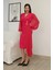 Kruvaze Yaka Bel Şifon Detaylı Balon Kol Abiye Elbise 2263-FUŞYA 5