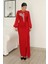 Yakası Tül Bel Detaylı Pile ve Yırtmaçlı Abiye Elbise 2313-KIRMIZI 4