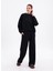 Siyah Parlak Rahat Kalıp Kristal Taşlı Bisiklet Yaka Sweatshirt ve Düz Paça Eşofman Altı Takımı 3