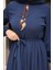 Lacivert Eteği Katlı Kuşaklı Şifon Elbise 3