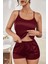 Kadın Bordo Asimetrik Sırt Dekolte Detaylı Şık Şortlu Gecelik Takım 4