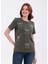 Fiyonk Desenli Inci Işlemeli Normal Kalıp Haki Basic T-Shirt 6