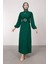 Yakası Taşlı Tüylü Kemerli Tesettür Abiye- Zümrüt 1