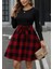 Kadın Uzun Kollu Bisiklet Yaka Üst Viskon Alt Ekose Kısa Elbise 1