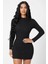 Kadın Siyah Kaşkorse Balıkçı Yaka Uzun Kollu Bodycon Mini Elbise 1