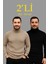 Erkek Fitilli Triko Kazak 2li Set Bej Siyah Regular Balıkcı Yaka Tam Boğazlı Triko Seti Modeli Kazak 1