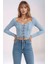 Kadın Yuvarlak Yaka Önden Bağcıklı Uzun Kol Fitilli Crop Boy Spor Şık Bluz 3