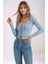 Kadın Yuvarlak Yaka Önden Bağcıklı Uzun Kol Fitilli Crop Boy Spor Şık Bluz 4