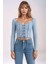 Kadın Yuvarlak Yaka Önden Bağcıklı Uzun Kol Fitilli Crop Boy Spor Şık Bluz 5