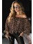 Cottonlab Kadın Madonna Yaka Bağcıklı Leopar Desen Detaylı Şifon Bluz 1
